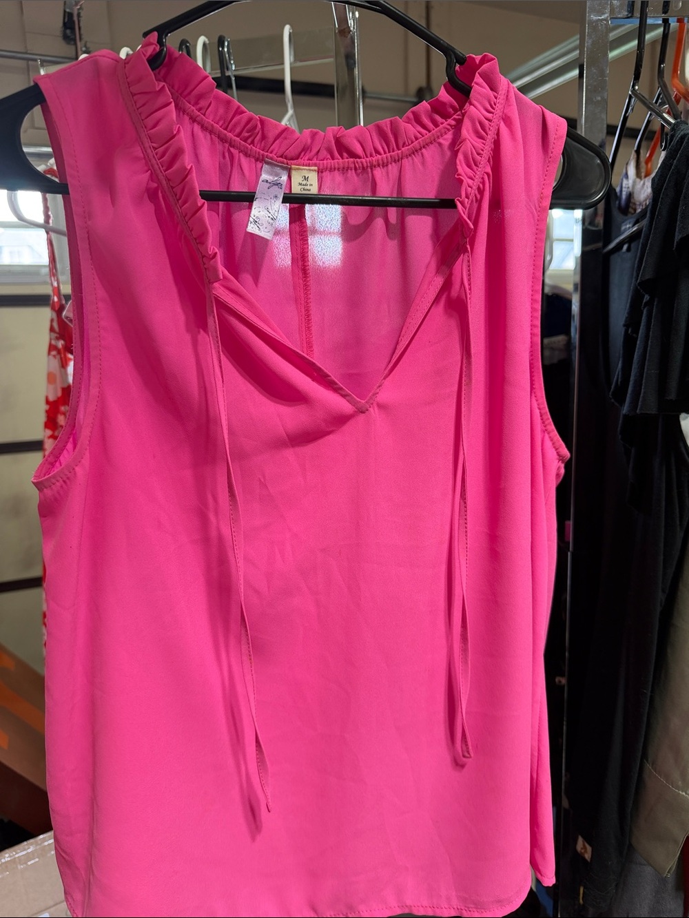 Alya Hot Pink Ruffle Tie-Neck Sleeveless Blouse